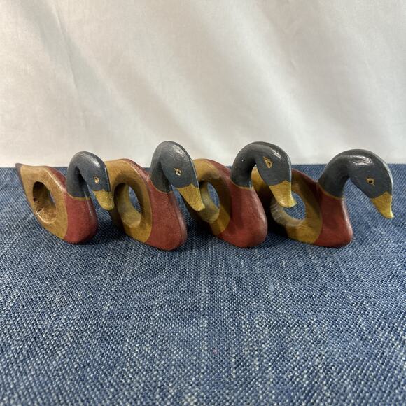 Vintage Wooden Hand-carved & Painted Decoy Duck Napkin Rings Set Of 4 Mallards - Picture 1 of 12